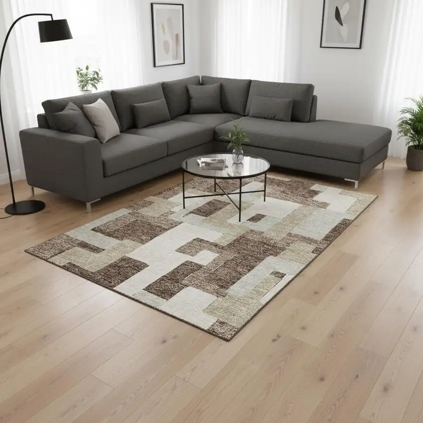 Brown Ivory And Beige Geometric Washable Area Rug With UV Protection Photo 2