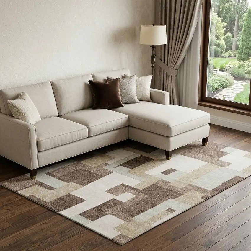 Brown Ivory And Beige Geometric Washable Area Rug With UV Protection Photo 1