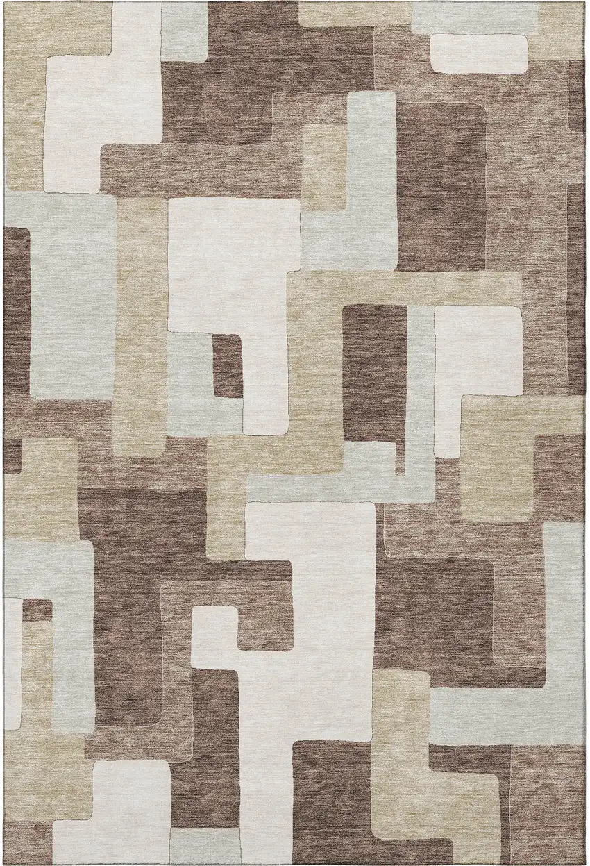 Brown Ivory And Beige Geometric Washable Area Rug With UV Protection Photo 3