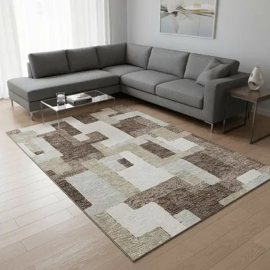 Brown Ivory And Beige Geometric Washable Area Rug With UV Protection Photo 2