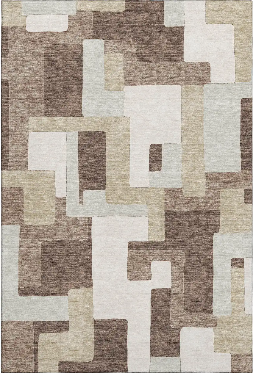 Brown Ivory And Beige Geometric Washable Area Rug With UV Protection Photo 1