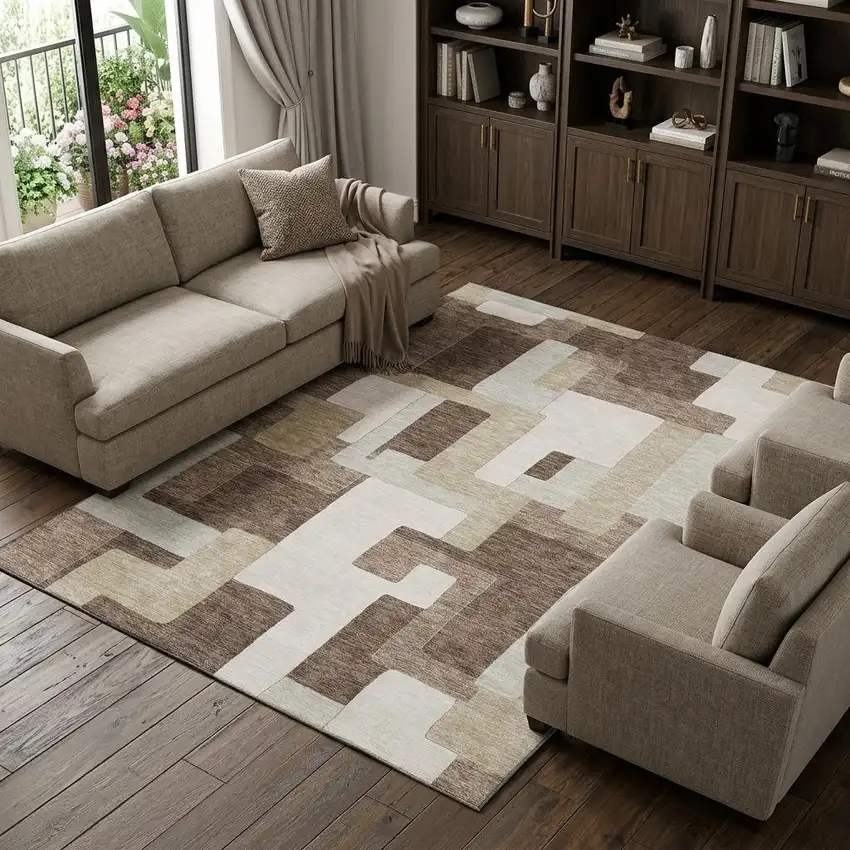 Brown Ivory And Beige Geometric Washable Area Rug With UV Protection Photo 1