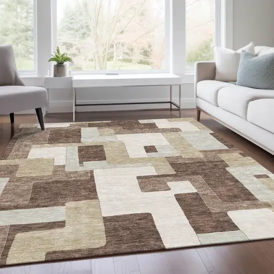 Brown Ivory And Beige Geometric Washable Area Rug With UV Protection Photo 5