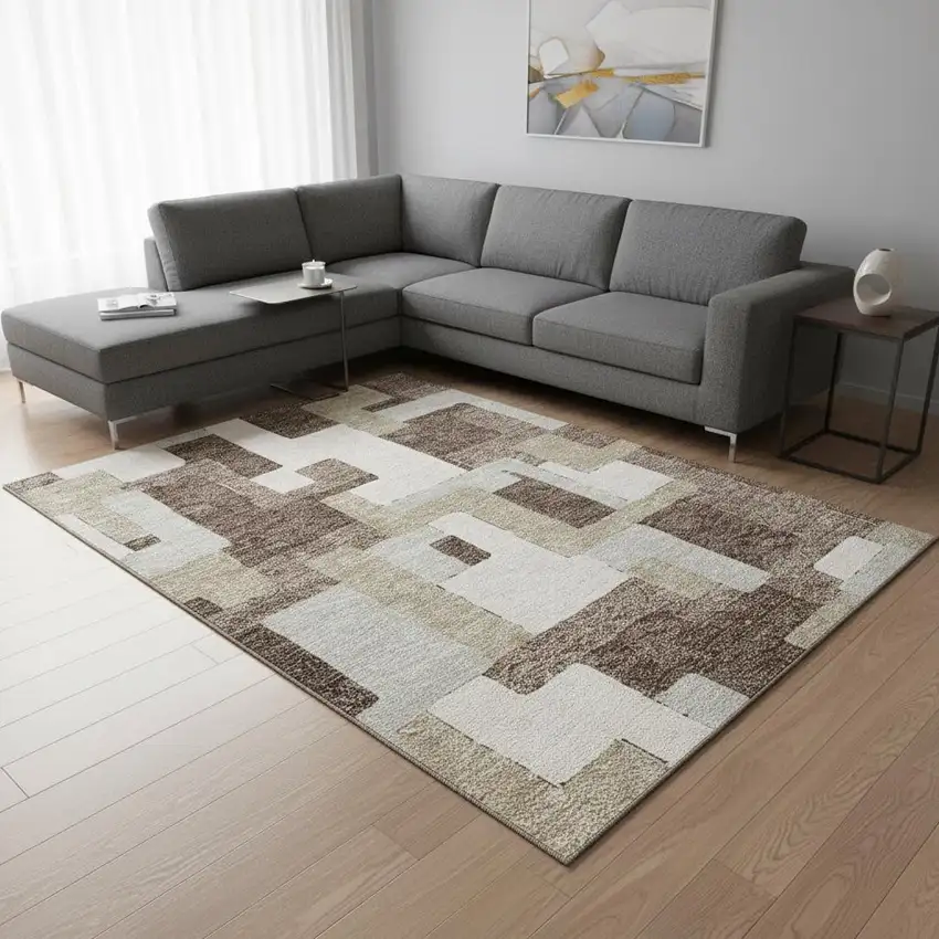 Brown Ivory And Beige Geometric Washable Area Rug With UV Protection Photo 2