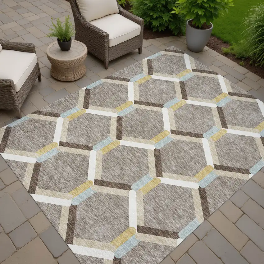 Brown Ivory And Beige Geometric Washable Indoor Outdoor Area Rug Photo 6