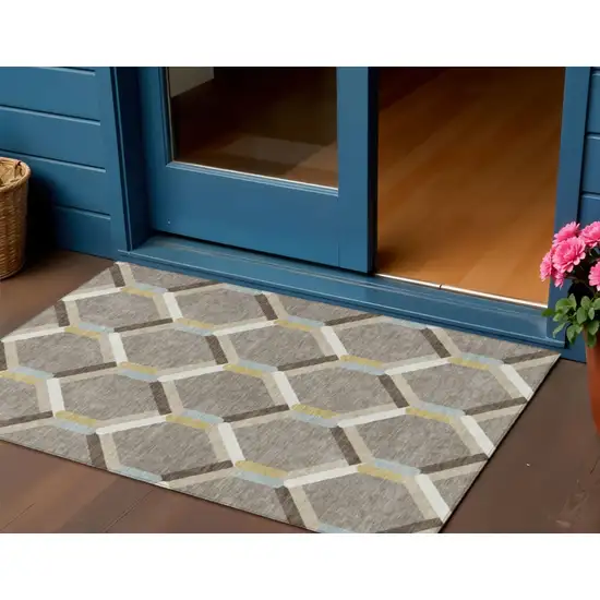 Brown Ivory And Beige Geometric Washable Indoor Outdoor Area Rug Photo 1