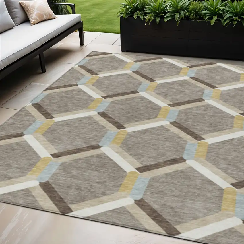 Brown Ivory And Beige Geometric Washable Indoor Outdoor Area Rug Photo 1