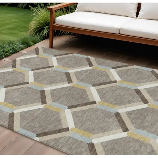 Brown Ivory And Beige Geometric Washable Indoor Outdoor Area Rug Photo 1