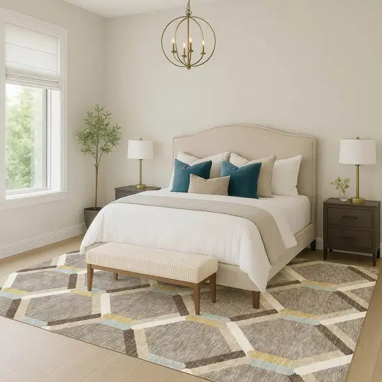 Brown Ivory And Beige Geometric Washable Indoor Outdoor Area Rug Photo 9