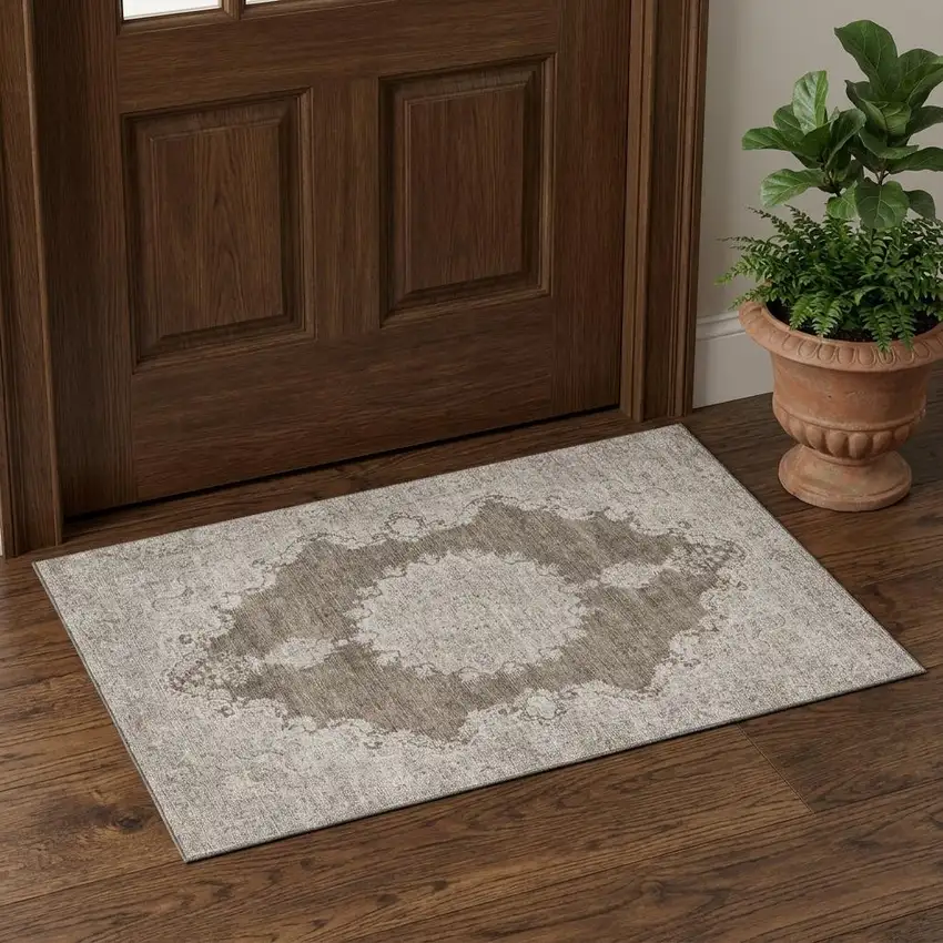 Brown Ivory And Beige Oriental Washable Area Rug With UV Protection Photo 1