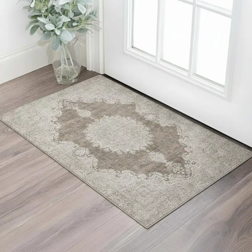 Brown Ivory And Beige Oriental Washable Area Rug With UV Protection Photo 2