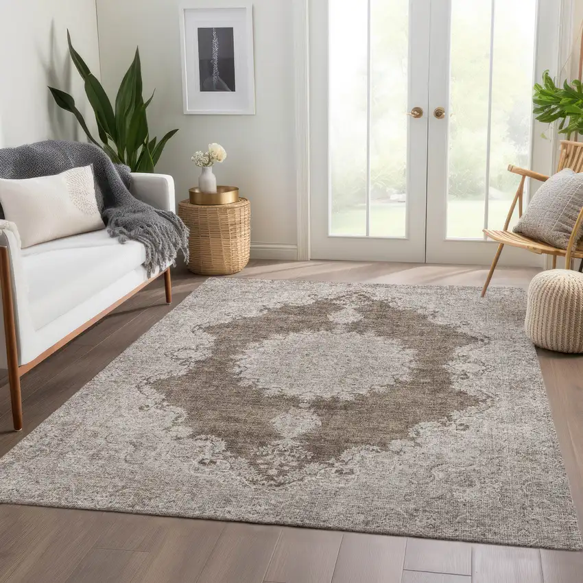 Brown Ivory And Beige Oriental Washable Area Rug With UV Protection Photo 5