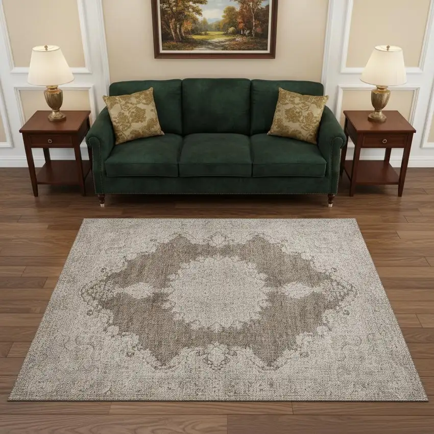 Brown Ivory And Beige Oriental Washable Area Rug With UV Protection Photo 2