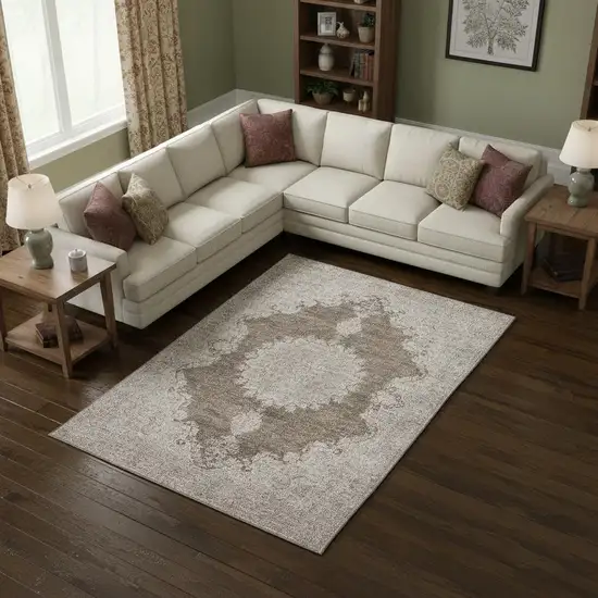 Brown Ivory And Beige Oriental Washable Area Rug With UV Protection Photo 2