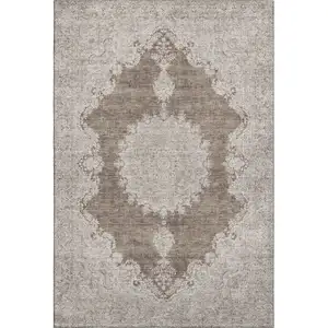 Photo of Brown Ivory And Beige Oriental Washable Area Rug With UV Protection
