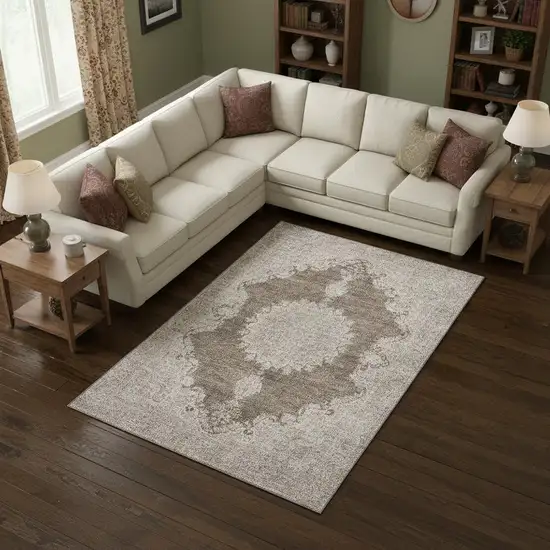 Brown Ivory And Beige Oriental Washable Area Rug With UV Protection Photo 2