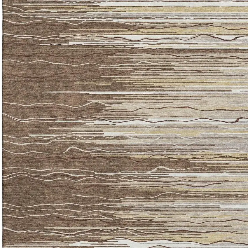 Brown Ivory And Beige Striped Washable Area Rug With UV Protection Photo 4