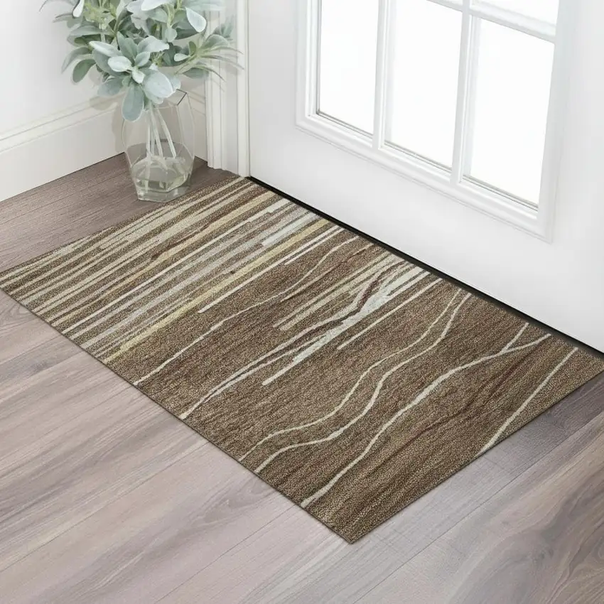 Brown Ivory And Beige Striped Washable Area Rug With UV Protection Photo 2