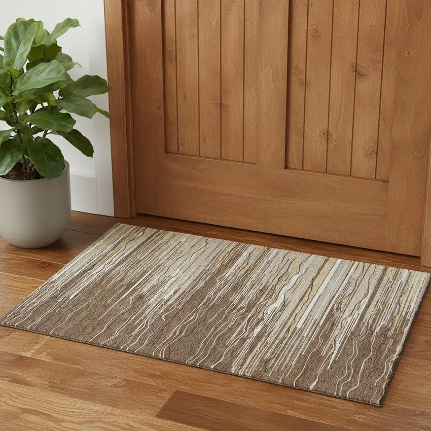 Brown Ivory And Beige Striped Washable Area Rug With UV Protection Photo 1