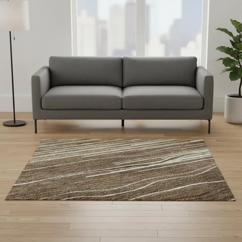 Brown Ivory And Beige Striped Washable Area Rug With UV Protection Photo 2