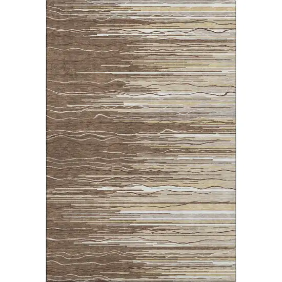 Brown Ivory And Beige Striped Washable Area Rug With UV Protection Photo 4