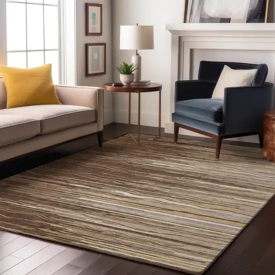 Brown Ivory And Beige Striped Washable Area Rug With UV Protection Photo 2