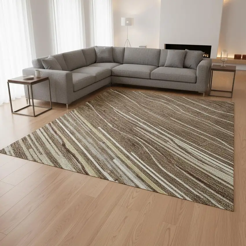 Brown Ivory And Beige Striped Washable Area Rug With UV Protection Photo 2