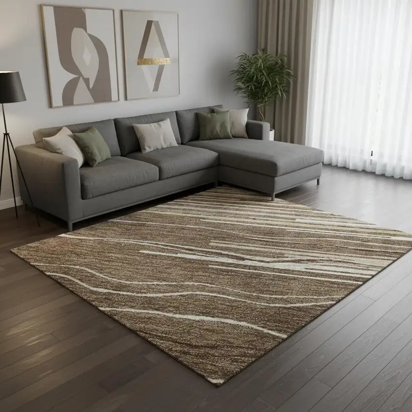 Brown Ivory And Beige Striped Washable Area Rug With UV Protection Photo 2