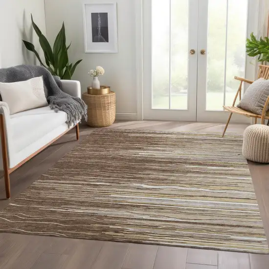 Brown Ivory And Beige Striped Washable Area Rug With UV Protection Photo 5