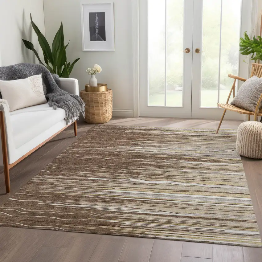 Brown Ivory And Beige Striped Washable Area Rug With UV Protection Photo 5