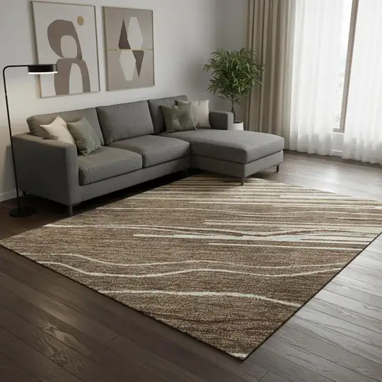 Brown Ivory And Beige Striped Washable Area Rug With UV Protection Photo 2