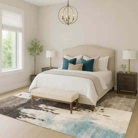 Brown Ivory And Blue Abstract Washable Indoor Outdoor Area Rug Photo 8