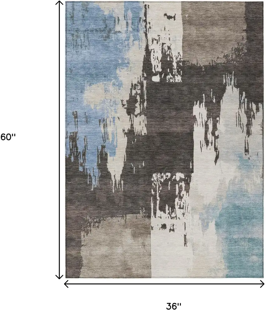 Brown Ivory And Blue Abstract Washable Indoor Outdoor Area Rug Photo 3