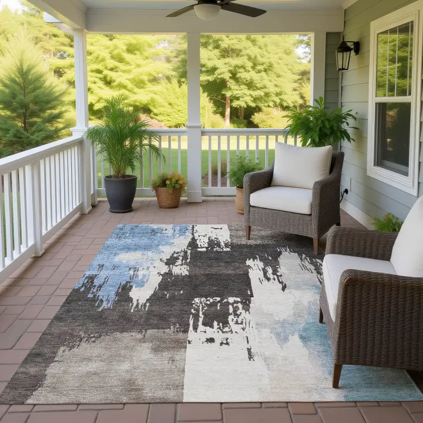 Brown Ivory And Blue Abstract Washable Indoor Outdoor Area Rug Photo 9