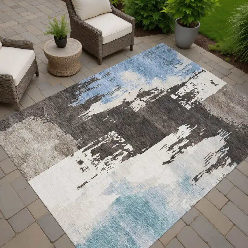 Brown Ivory And Blue Abstract Washable Indoor Outdoor Area Rug Photo 7