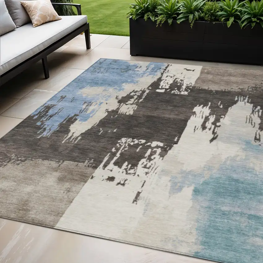 Brown Ivory And Blue Abstract Washable Indoor Outdoor Area Rug Photo 1