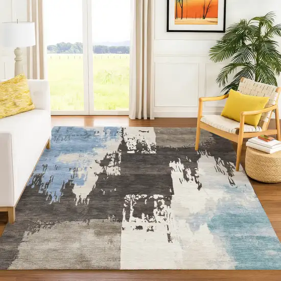 Brown Ivory And Blue Abstract Washable Indoor Outdoor Area Rug Photo 9
