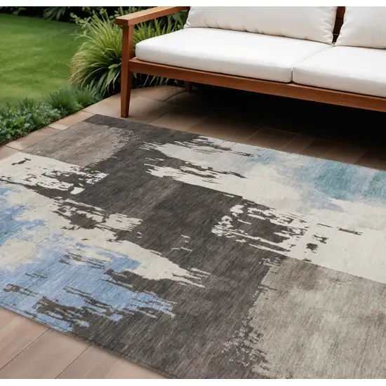 Brown Ivory And Blue Abstract Washable Indoor Outdoor Area Rug Photo 1