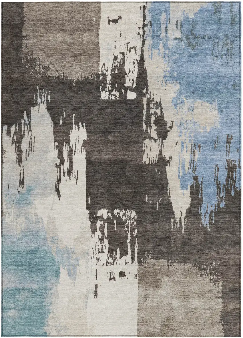 Brown Ivory And Blue Abstract Washable Indoor Outdoor Area Rug Photo 5