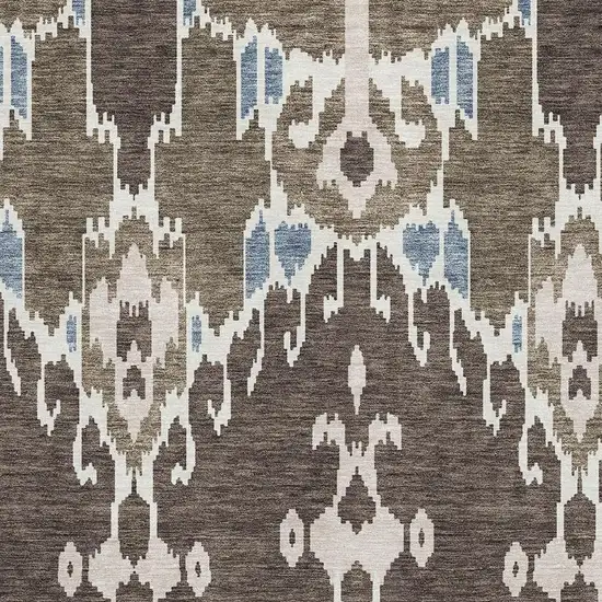 Brown Ivory And Blue Ikat Washable Area Rug With UV Protection Photo 3