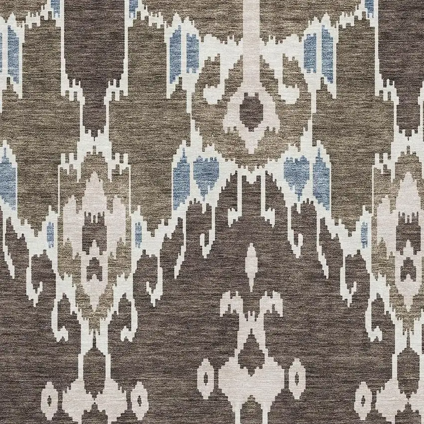 Brown Ivory And Blue Ikat Washable Area Rug With UV Protection Photo 3
