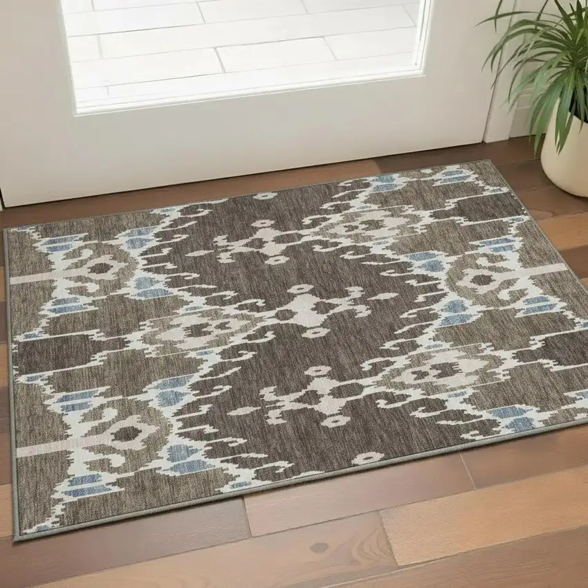 Brown Ivory And Blue Ikat Washable Area Rug With UV Protection Photo 2