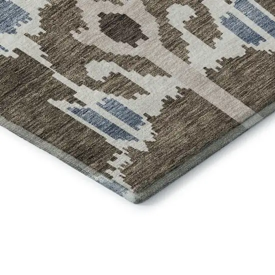 Brown Ivory And Blue Ikat Washable Area Rug With UV Protection Photo 7