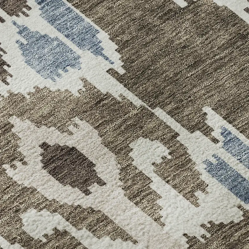 Brown Ivory And Blue Ikat Washable Area Rug With UV Protection Photo 9