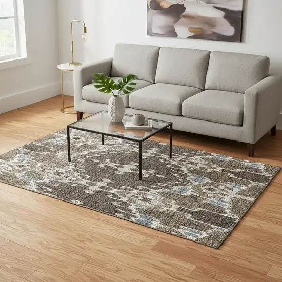 Brown Ivory And Blue Ikat Washable Area Rug With UV Protection Photo 2