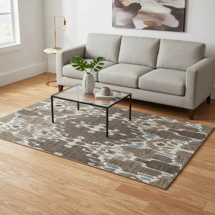 Brown Ivory And Blue Ikat Washable Area Rug With UV Protection Photo 2