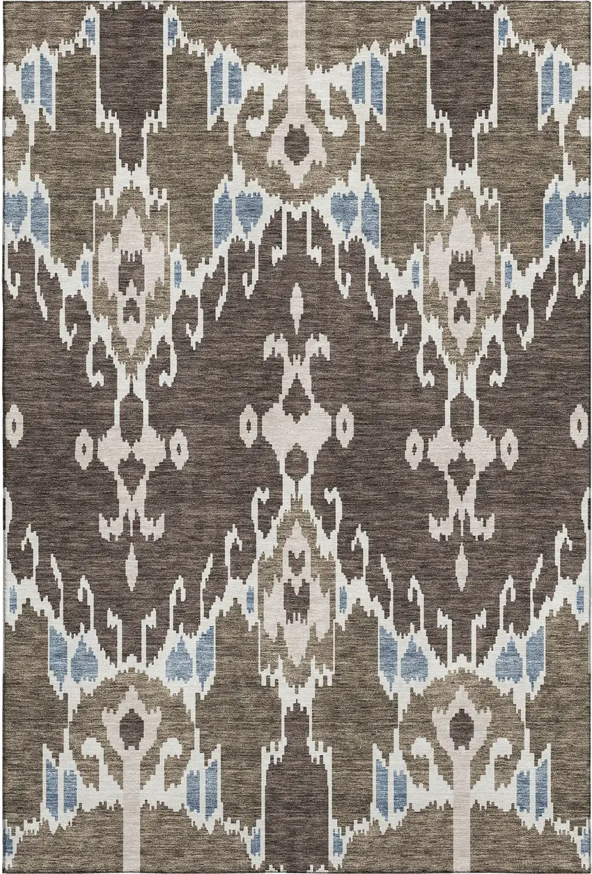 Brown Ivory And Blue Ikat Washable Area Rug With UV Protection Photo 1