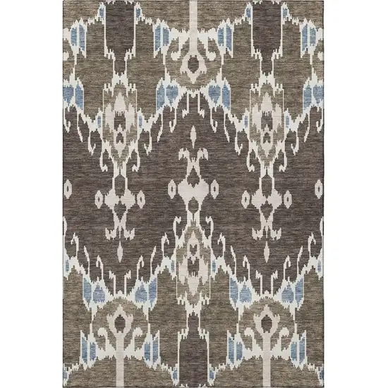 Brown Ivory And Blue Ikat Washable Area Rug With UV Protection Photo 3