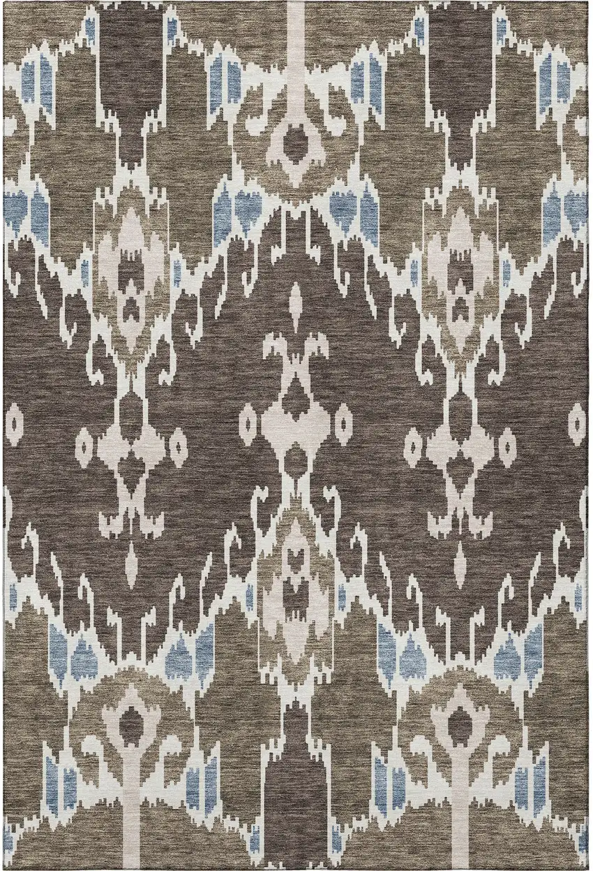Brown Ivory And Blue Ikat Washable Area Rug With UV Protection Photo 3