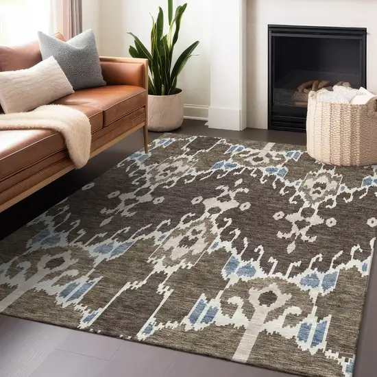 Brown Ivory And Blue Ikat Washable Area Rug With UV Protection Photo 5
